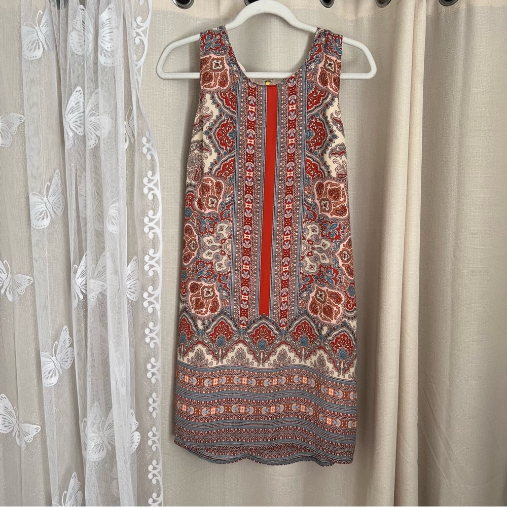 Bohemian Sleeveless Dress with Red and Blue Patterns